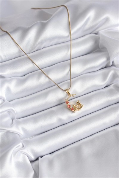 Mey İthalat® 316L Çelik Gold Renk Hilal Kedi Model Zirkon Taşlı Detay Kadın Kolye