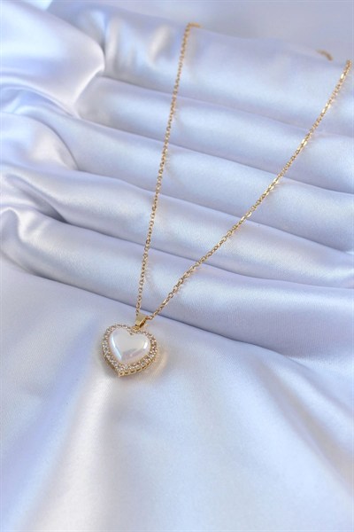 Mey İthalat® 316L Çelik Gold Renk İncili Kalp Model Zirkon Taşlı Kadın Kolye