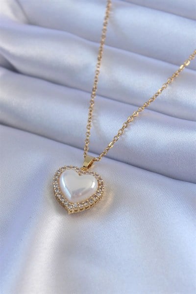 Mey İthalat® 316L Çelik Gold Renk İncili Kalp Model Zirkon Taşlı Kadın Kolye