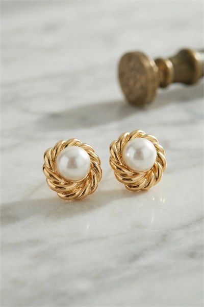 Mey İthalat® 316L Çelik Gold Renk İncili Model Kadın Küpe