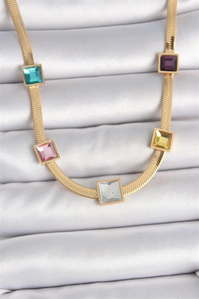 Mey İthalat® 316L Çelik Gold Renk İtalyan Zincir Model Kare Renkli Zirkon Taşlı Kadın Kolye