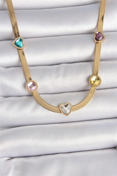 Mey İthalat® 316L Çelik Gold Renk İtalyan Zincir Renkli Zirkon Taşlı Kalp Figür Kadın Kolye