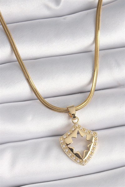Mey İthalat® 316L Çelik Gold Renk İtalyan Zincir Zirkon Taşlı Kutup Yıldız İşleme Kadın Kolye
