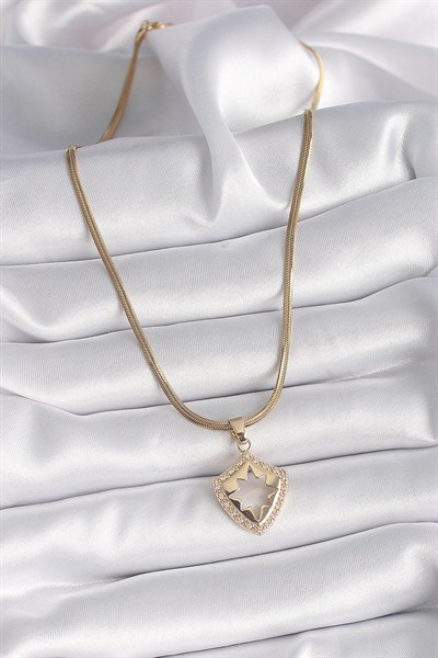 Mey İthalat® 316L Çelik Gold Renk İtalyan Zincir Zirkon Taşlı Kutup Yıldız İşleme Kadın Kolye