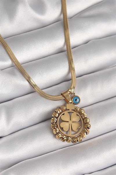 Mey İthalat® 316L Çelik Gold Renk İtalyan Zincir Dorika Yonca Model Nazar Boncuk Detay Kadın Kolye