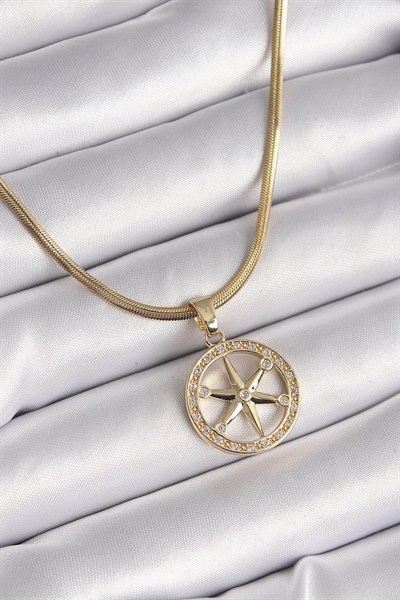 Mey İthalat® 316L Çelik Gold Renk İtalyan Zincir Zirkon Taşlı Kutup Yıldız Model Kadın Kolye