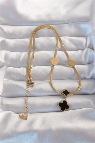 Mey İthalat® 316L Çelik Gold Renk İtalyan Zincirli Mineli Yonca Kolye