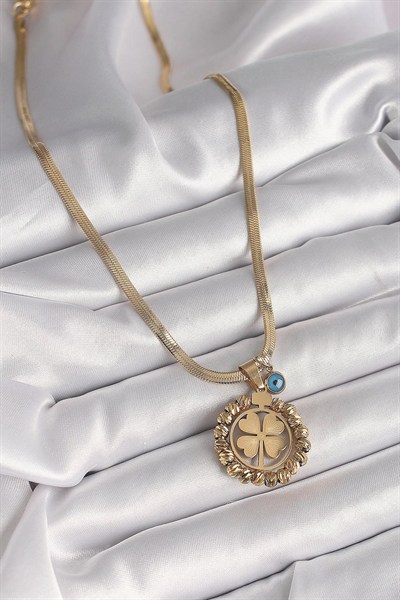 Mey İthalat® 316L Çelik Gold Renk İtalyan Zincir Dorika Yonca Model Nazar Boncuk Detay Kadın Kolye