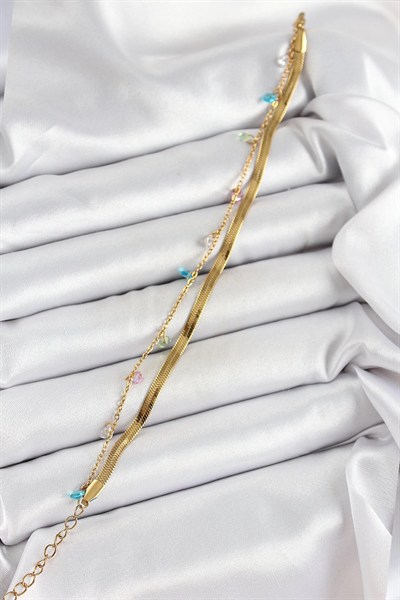 Mey İthalat® 316L Çelik Gold Renk Karışık Renkli Kristal Taşlı 2li Kadın Bileklik