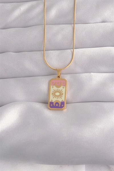 Mey İthalat® 316L Çelik Gold Renk Karışık Mineli Ay Figür Tarot Kolye