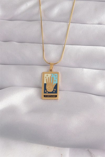 Mey İthalat® 316L Çelik Gold Renk Karışık Mineli El Figür Tarot Kolye