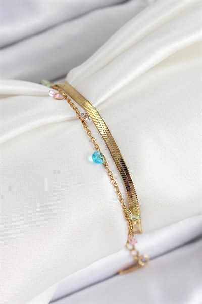 Mey İthalat® 316L Çelik Gold Renk Karışık Renkli Kristal Taşlı 2li Kadın Bileklik