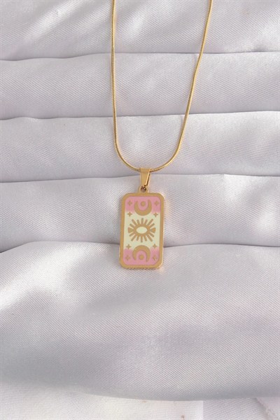 Mey İthalat® 316L Çelik Gold Renk Karışık Mineli Ay Figür Tarot Kolye