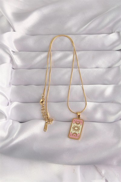 Mey İthalat® 316L Çelik Gold Renk Karışık Mineli Ay Figür Tarot Kolye
