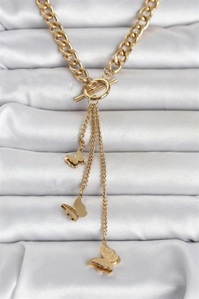 Mey İthalat® 316L Çelik Gold Renk Kelebek Sallantılı Kadın Kolye