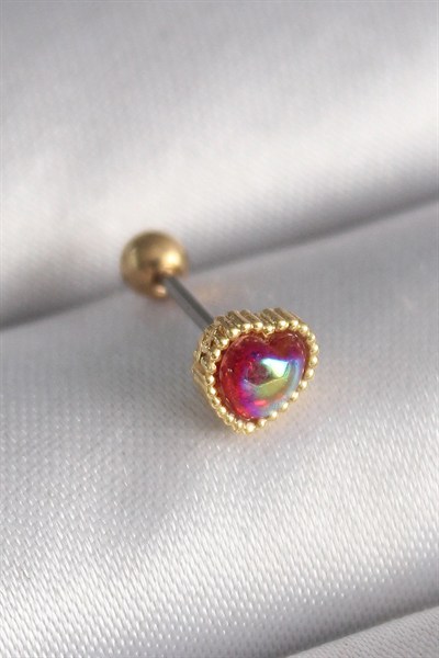 Mey İthalat® 316L Çelik Gold Renk Kırmızı Mineli Kalp Tragus Piercing