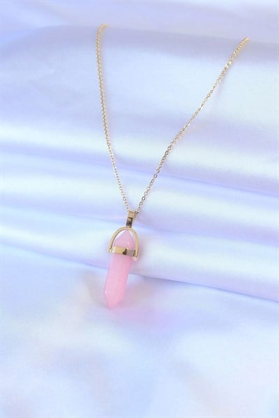 Mey İthalat® 316L Çelik Gold Renk Kristal Pembe Taş Model Kadın kolye