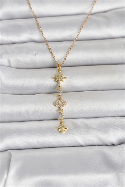 Mey İthalat® 316L Çelik Gold Renk Kutup Yıldızı Y Model Zirkon Taşlı Kadın Kolye