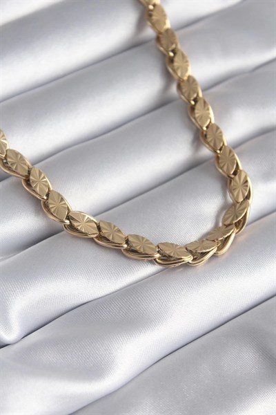 Mey İthalat® 316L Çelik Gold Renk Lazer Kesim Arpa Zincir Model Kadın Kolye