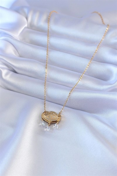 Mey İthalat® 316L Çelik Gold Renk Lotus Model Zirkon Taşlı Kadın Kolye