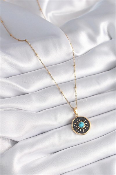 Mey İthalat® 316L Çelik Gold Renk Mavi Boncuk Güneş İşleme Madalyon Model Kadın Kolye