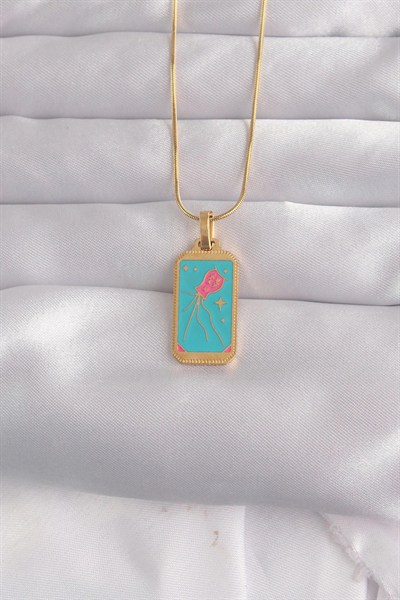 Mey İthalat® 316L Çelik Gold Renk Mavi Mineli Tarot Kolye