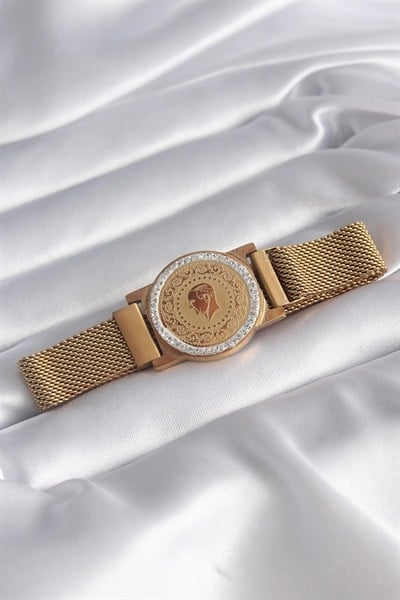 Mey İthalat® 316L Çelik Gold Renk Mıknatıslı Hasır Zirkon Taşlı Çeyrek Altın Model Kadın Bileklik