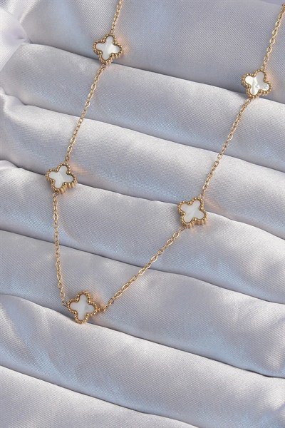 Mey İthalat® 316L Çelik Gold Renk Minimal Beyaz Sedefli Yonca Kolye