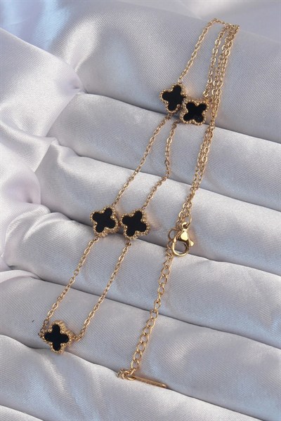 Mey İthalat® 316L Çelik Gold Renk Minimal Siyah Mineli Yonca Kolye