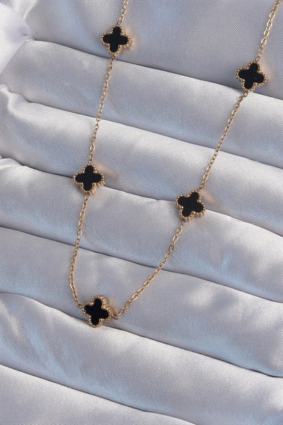 Mey İthalat® 316L Çelik Gold Renk Minimal Siyah Mineli Yonca Kolye