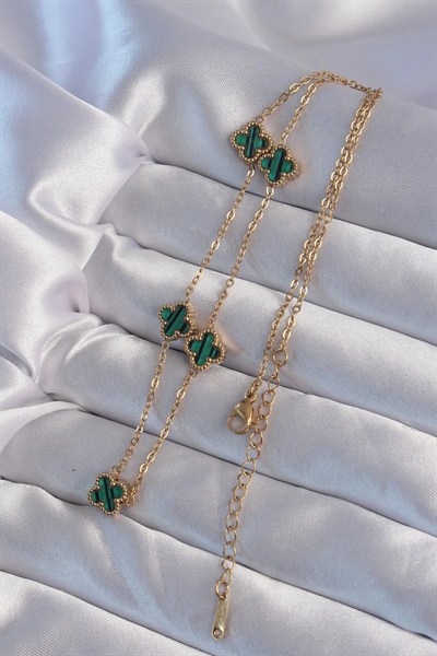 Mey İthalat® 316L Çelik Gold Renk Minimal Yeşil Mineli Yonca Kolye