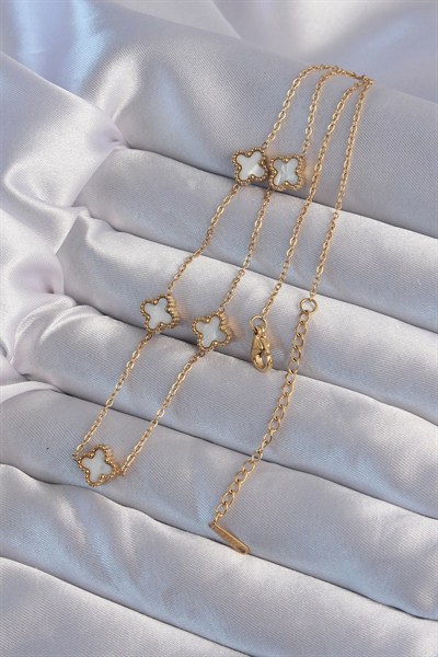 Mey İthalat® 316L Çelik Gold Renk Minimal Beyaz Sedefli Yonca Kolye