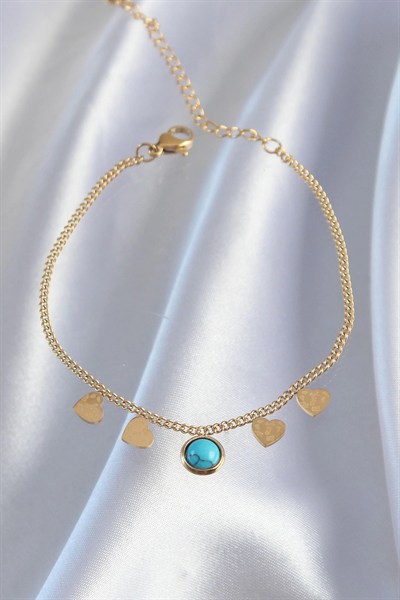 Mey İthalat® 316L Çelik Gold Renk Minimal Kalpli Mavi Taş Detaylı Bileklik