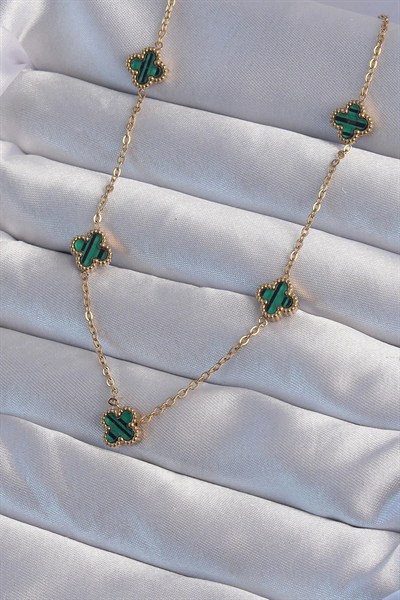 Mey İthalat® 316L Çelik Gold Renk Minimal Yeşil Mineli Yonca Kolye