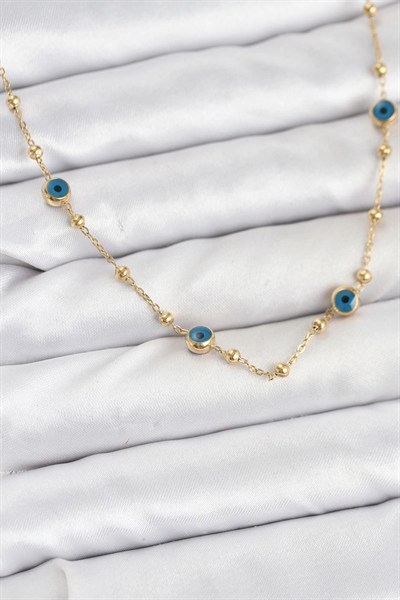 Mey İthalat® 316L Çelik Gold Renk Nazarlı ve Topçuklu Model Kadın Kolye