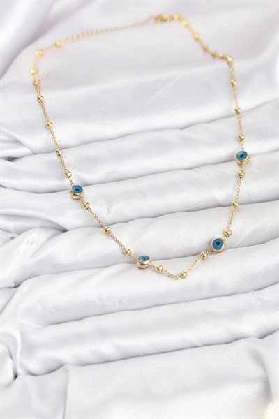 Mey İthalat® 316L Çelik Gold Renk Nazarlı ve Topçuklu Model Kadın Kolye