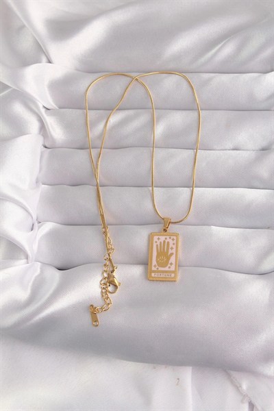 Mey İthalat® 316L Çelik Gold Renk Pembe Mineli El Figür Tarot Kolye