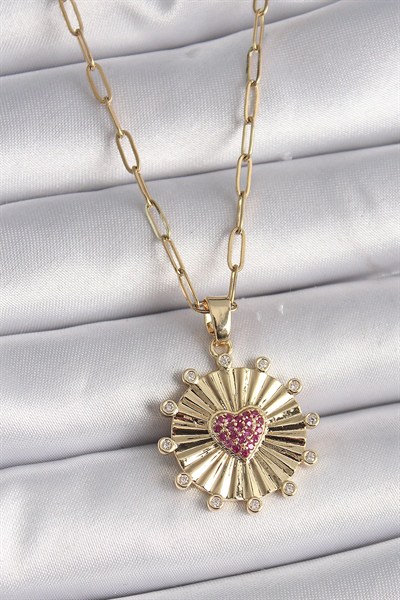 Mey İthalat® 316L Çelik Gold Renk Pembe Zirkon Taşlı Kalp İşleme Madalyon Model Kadın Kolye