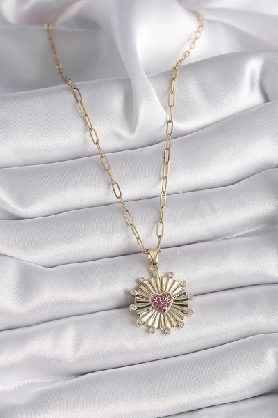 Mey İthalat® 316L Çelik Gold Renk Pembe Zirkon Taşlı Kalp İşleme Madalyon Model Kadın Kolye