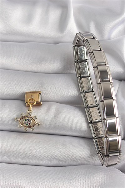 Mey İthalat® 316L Çelik Gold Renk Sallantı Zirkon Taşlı Göz Model Nomination Charm