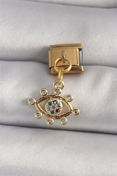 Mey İthalat® 316L Çelik Gold Renk Sallantı Zirkon Taşlı Göz Model Nomination Charm