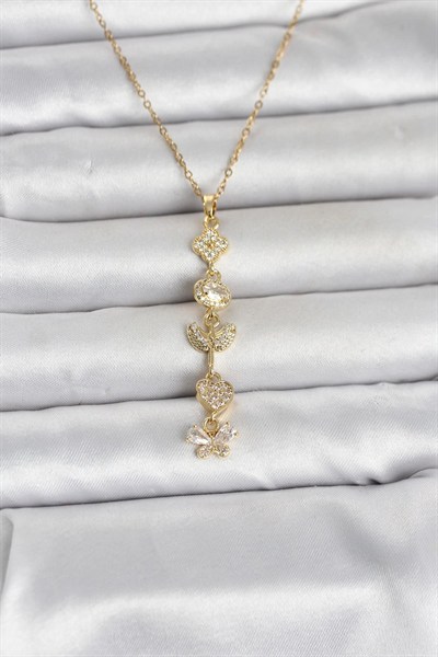 Mey İthalat® 316L Çelik Gold Renk Şans Kolyesi Y Model Zirkon Taşlı Kadın Kolye