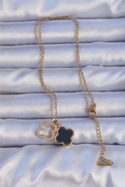 Mey İthalat® 316L Çelik Gold Renk Siyah Mineli Zirkon Taşlı Yonca Figürlü Kolye