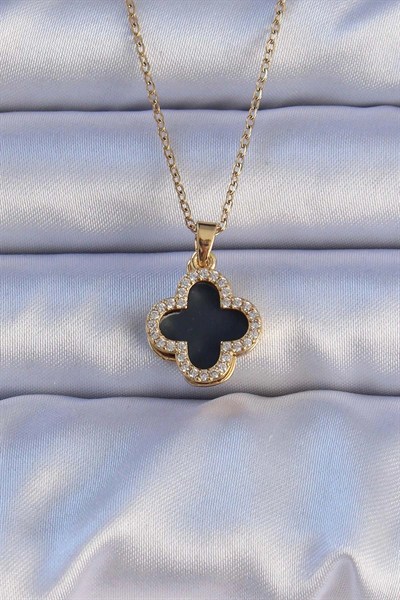 Mey İthalat® 316L Çelik Gold Renk Siyah Mineli Zirkon Taşlı Yonca Figürlü Kolye