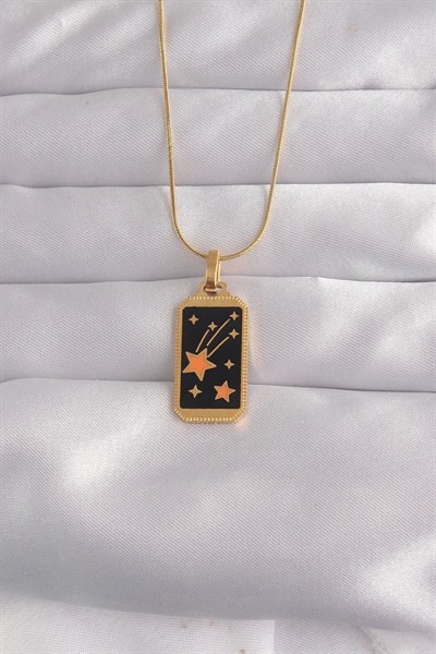 Mey İthalat® 316L Çelik Gold Renk Siyah Mineli Yıldız Figür Tarot Kolye