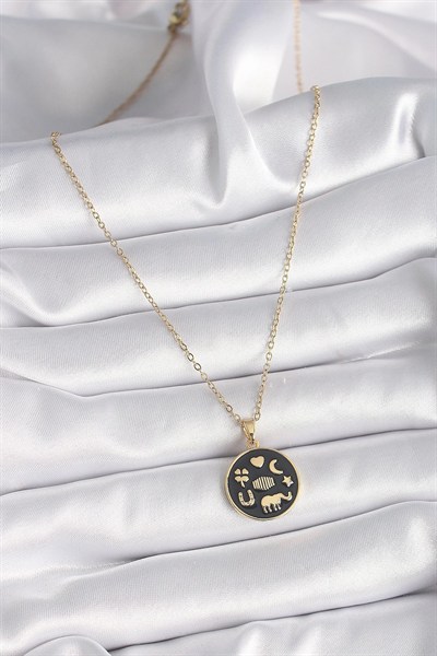 Mey İthalat® 316L Çelik Gold Renk Siyah Şans Kolyesi