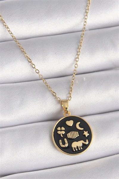 Mey İthalat® 316L Çelik Gold Renk Siyah Şans Kolyesi