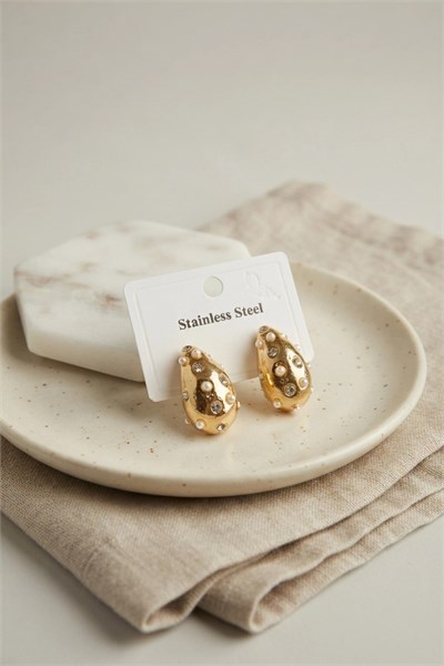 Mey İthalat® 316L Çelik Gold Renk Taşlı Damla Model Küpe