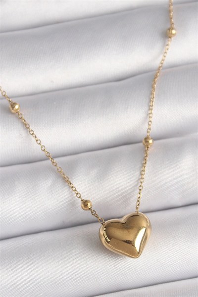 Mey İthalat® 316L Çelik Gold Renk Topçuk Detaylı Zincir Kalp Model Kadın Kolye