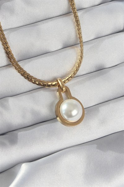 Mey İthalat® 316L Çelik Gold Renk Yassı Zincir İnci Taşlı Kolye
